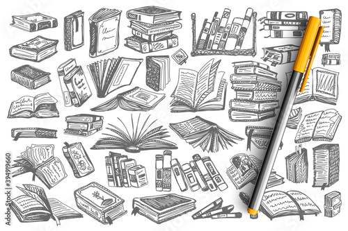 Books doodle set. Collection of book covers and pages of educational library school university textbook isolated on white background. Illustration of knowledge and education symbol.