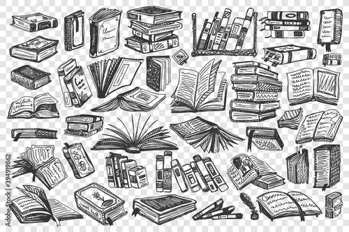 Books doodle set. Collection of book covers and pages of educational library school university textbook isolated on transparent background. Illustration of knowledge and education symbol.