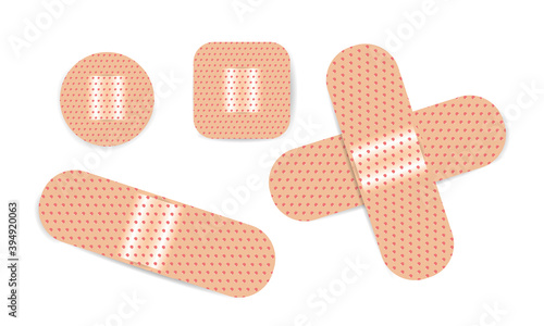 Set adhesive plaster isolated on white, adhesive plaster wound heal for icon. Adhesive bandage elastic medical plaster, stick tape elastic for cure first aid.