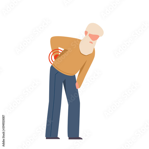 Elderly man suffering from back pain. Grandfather with white beard bending over and holding his back, painkillers advertisement. Trauma and injury concept vector isolated character