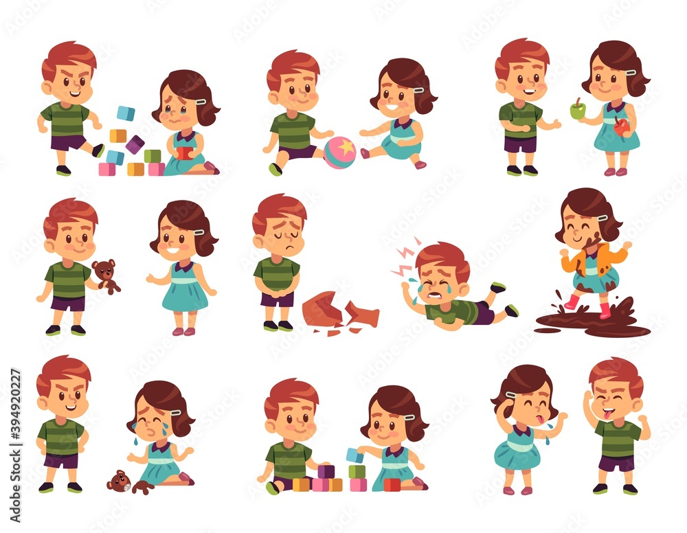 Good and bad children. Kids playing peacefully and fighting. Girl and boy communication. People spend time together. Human relationship, friendship and resentment. Vector childhood set Good and bad children. Kids playing peacefully and fighting. Girl and boy communication. People spend time together. Human relationship, friendship and resentment. Vector childhood set