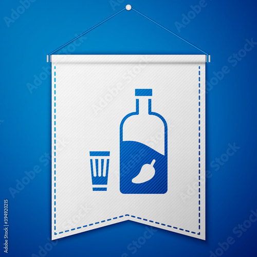Blue Vodka with pepper and glass icon isolated on blue background. Ukrainian national alcohol. White pennant template. Vector Illustration.