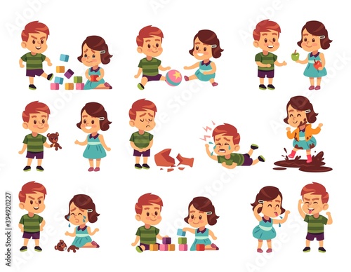 Good and bad children. Kids playing peacefully and fighting. Girl and boy communication. People spend time together. Human relationship, friendship and resentment. Vector childhood set