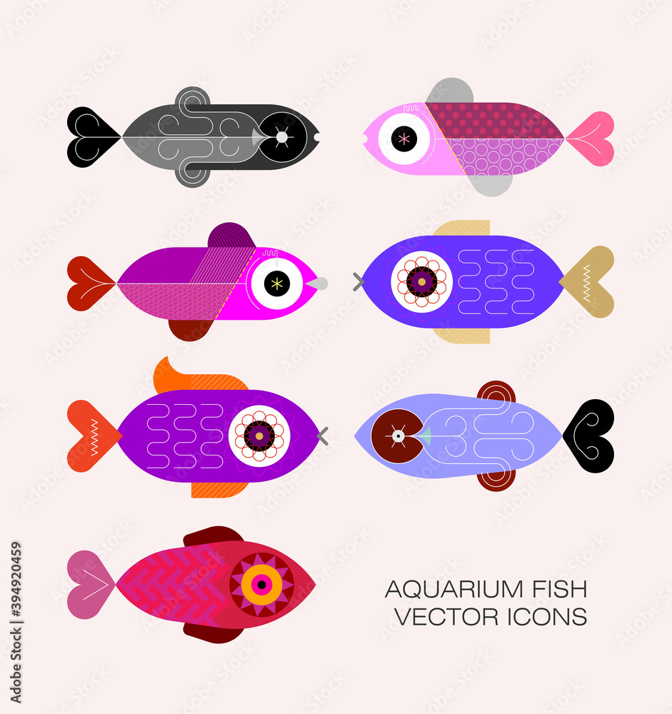 Set of Aquarium Exotic Fish vector icons. Colored flat design elements isolated on a light background.