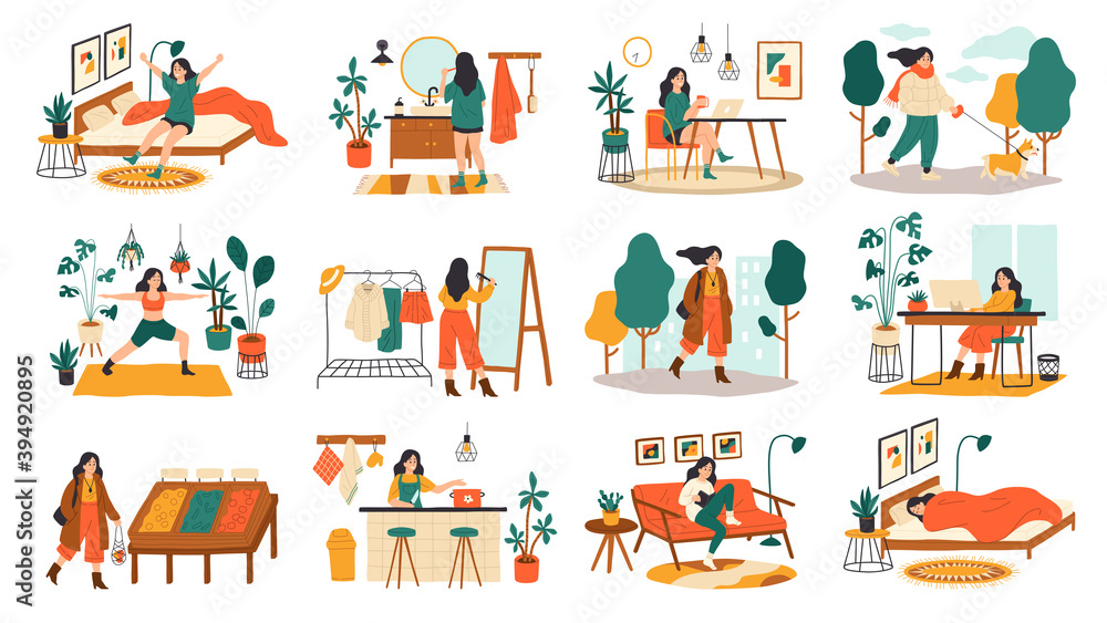 Everyday woman routine. Female daily activities and leisure performing collection, girls life days colorful scenes, ladies lifestyle sleeping and working and training. Flat cartoon vector set