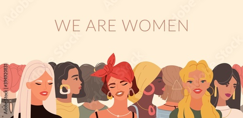Multinational female portraits. International women day, young ladies different nationalities, feminist horizontal border, variety hairstyles and angles heads, sisterhood vector concept