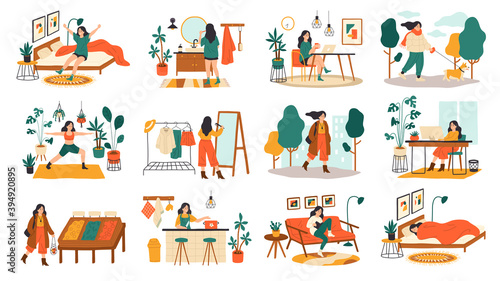 Everyday woman routine. Female daily activities and leisure performing collection, girls life days colorful scenes, ladies lifestyle sleeping and working and training. Flat cartoon vector set
