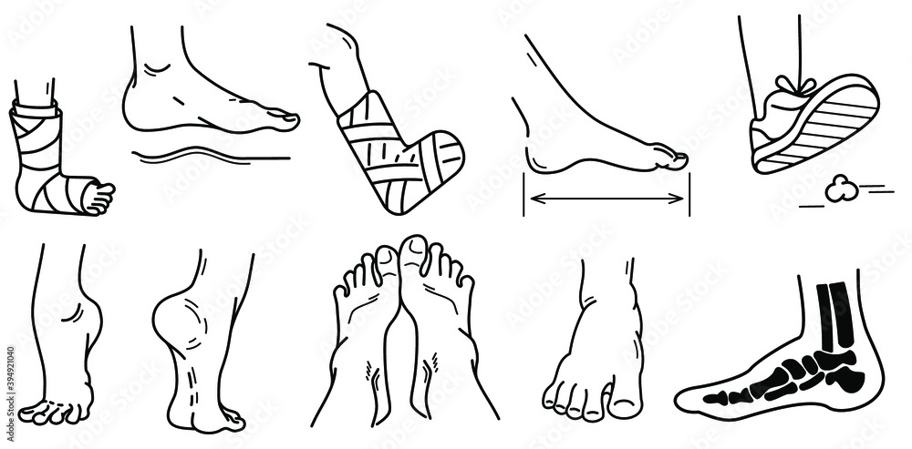 Foot care Icons set. Feet in various gestures for medical purposes: leg ...