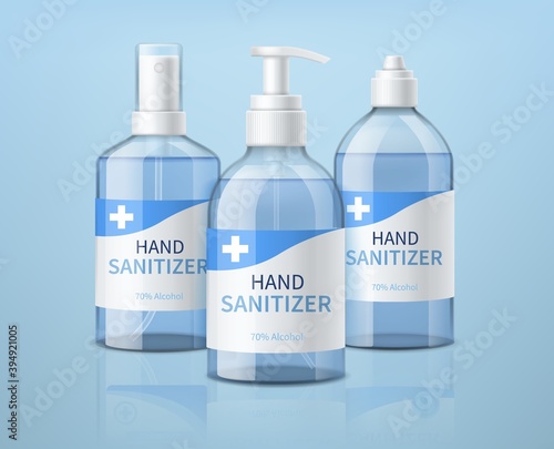 Realistic hand sanitizer bottles. 3d antibacterial cleanser different containers, alcohol disinfectant, hygienic dispenser mockup, covid-19 protection poster vector promotional banner