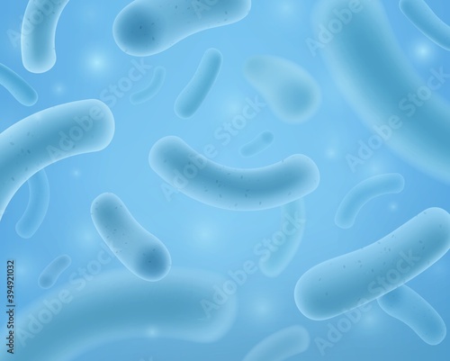 Probiotics. Microbacterium and therapeutic microscopic bacteria organism, lactobacillus for flora stomach, microbiology blue organic 3d macro spheres in liquid vector background