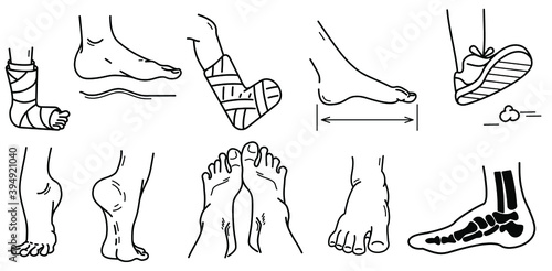  Foot care Icons set. Feet in various gestures for medical purposes: leg in a cast, leg fracture, foot fracture, foot anatomy, bare feet, flat feet, rehabilitation, shoe size, step on. 