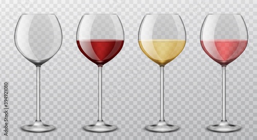 Realistic wine glasses. Different wine types red, white, pink alcoholic drinks collection, empty wineglass, restaurant glassware isolated on transparent background, product vector set