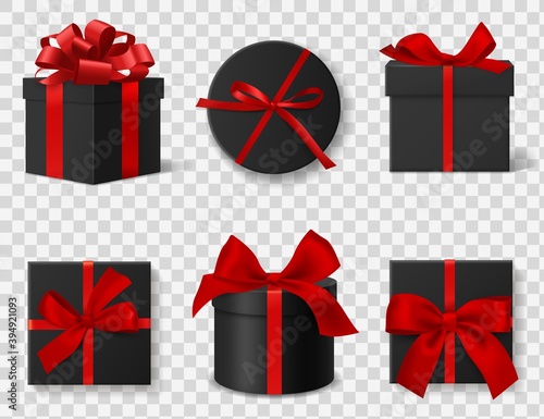 Black gift box. Realistic 3d dark cardboard round and square boxes with red silk ribbons and bows, different angles side and top views. Black friday advertisement vector isolated set