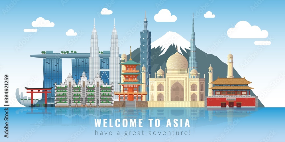 Asia skyline. Travel landmarks panoramic poster with text, historical and cultural buildings and attractions set, water reflect city, tourist excursions places vector banner