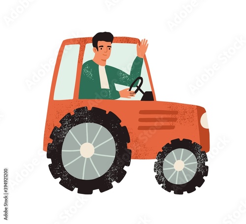 Happy farmer waving in a tractor. Smiling male driver isolated on white background. Man driving agricultural machinery during seasonal work. Hand drawn textured flat vector illustration