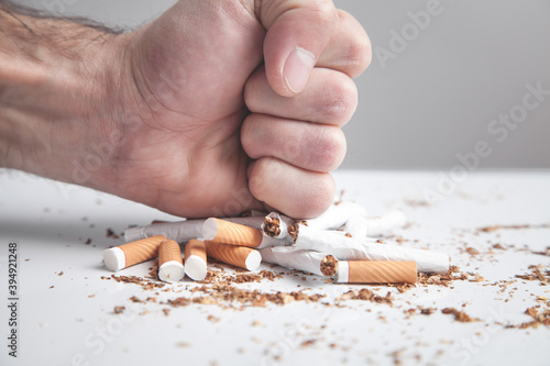 Male hand breaking a cigarettes. Quitting smoking © andranik123