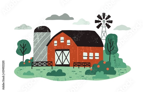 Farm landscape with barn or hangar, windmill, silage tower, green garden and lawn. Farmland in summer. Organic farming concept. Flat textured vector illustration isolated on white background