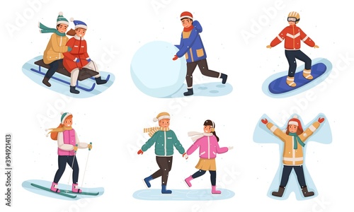 Winter outdoor games. Smiling kids activity spend time in snow, young people snowboarding, sledding and skiing, snowman modeling and ice skating vector new year characters set