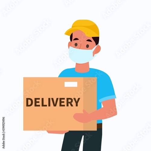Delivery man in face mask. Courier holding box, male character express shipping food and parcels, shopping service during covid-19 pandemic vector prevention of coronavirus concept
