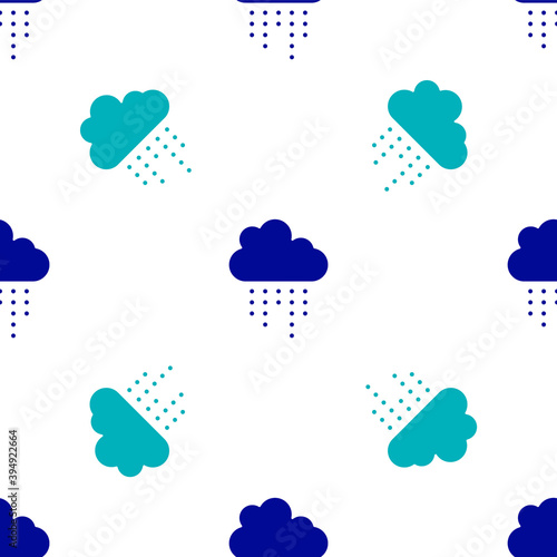 Blue Cloud with rain icon isolated seamless pattern on white background. Rain cloud precipitation with rain drops. Vector.