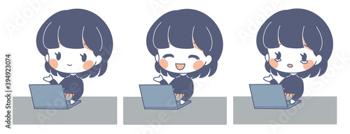 ノートパソコンを使う女の子のイラストセット・ベクター