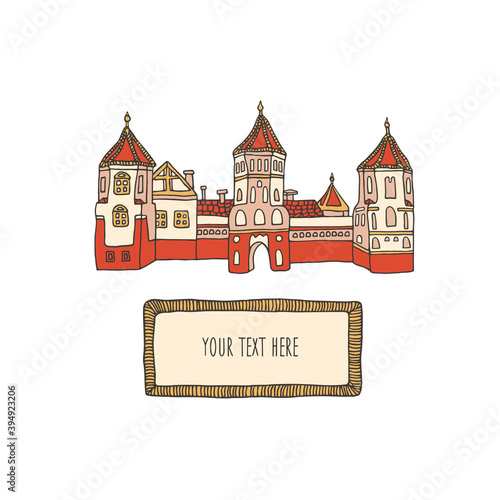 Medieval castle illustration with decorative frame template in hand drawn style. Mansion vintage sketch. Knighthood and chivalry concept. Jousting or knight tournament invitation