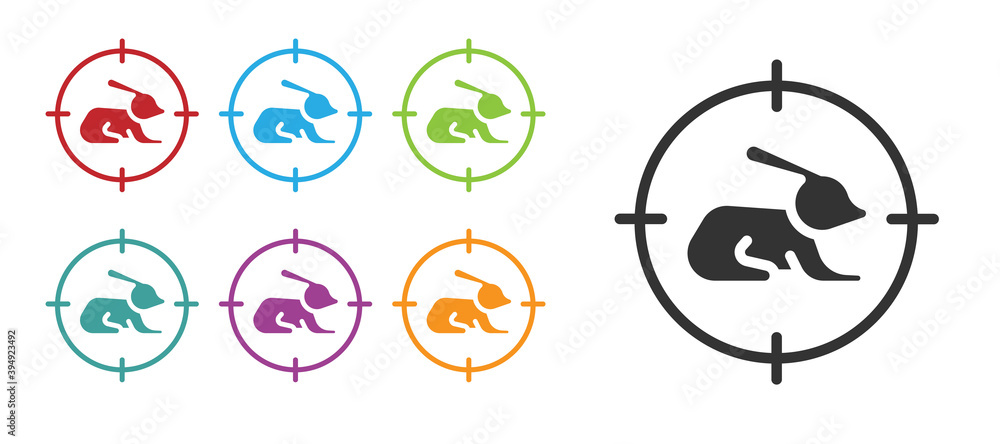 Black Hunt on rabbit with crosshairs icon isolated on white background. Hunting club logo with rabbit and target. Rifle lens aiming a hare. Set icons colorful. Vector. Black Hunt on rabbit with crosshairs icon isolated on white background. Hunting club logo with rabbit and target. Rifle lens aiming a hare. Set icons colorful. Vector.