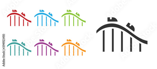 Black Roller coaster icon isolated on white background. Amusement park. Childrens entertainment playground, recreation park. Set icons colorful. Vector.