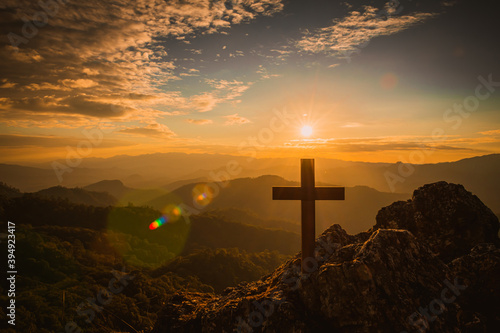 The Crucifixion of Jesus Christ at Sunrise - Three Crosses On Hill. Religious Concepts