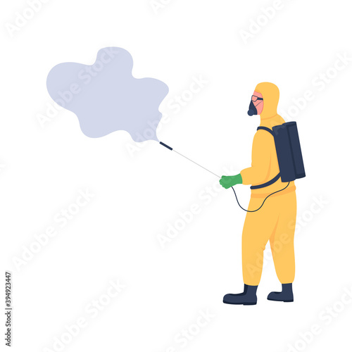 Disinfector with spray in protective uniform flat color vector faceless character. Epidemic cleaning. Sanitation precaution isolated cartoon illustration for web graphic design and animation