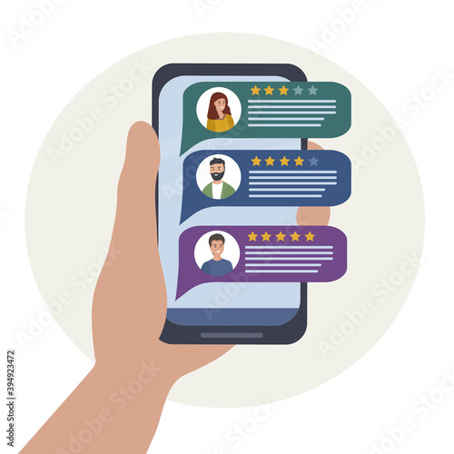 smartphone in hand. On the screen is a mobile application with customer reviews. Rating of sellers and craftsmen with the description of services. Selection of the seller online. virtual communication