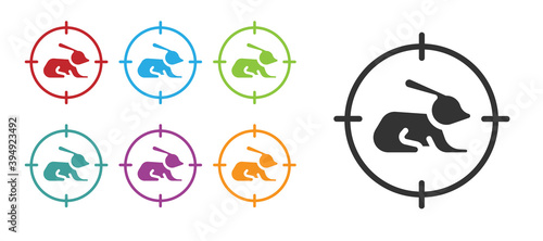 Black Hunt on rabbit with crosshairs icon isolated on white background. Hunting club logo with rabbit and target. Rifle lens aiming a hare. Set icons colorful. Vector.