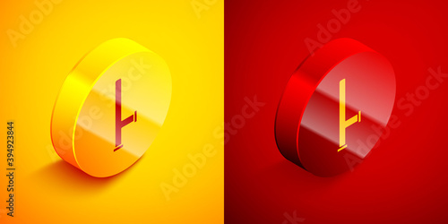 Isometric Police rubber baton icon isolated on orange and red background. Rubber truncheon. Police Bat. Police equipment. Circle button. Vector.