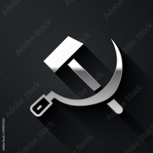 Silver Hammer and sickle USSR icon isolated on black background. Symbol Soviet Union. Long shadow style. Vector.