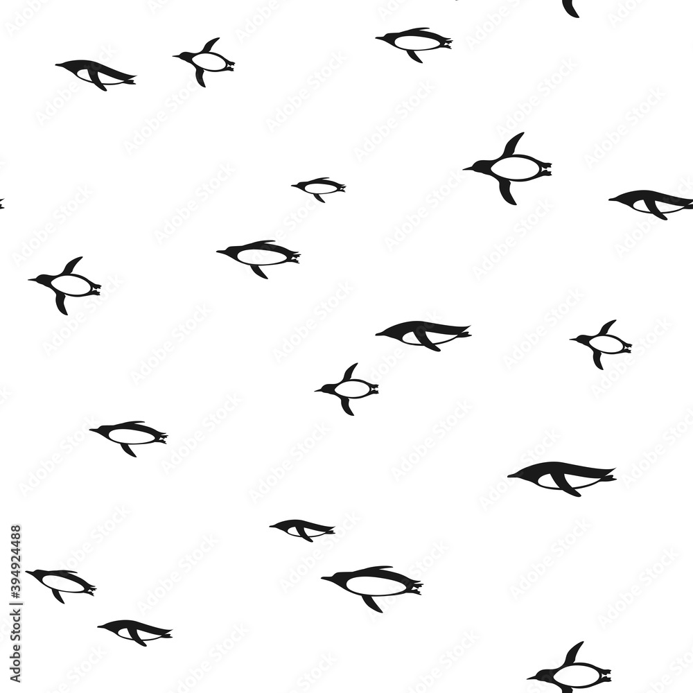 Fototapeta premium seamless pattern with swimmimg antarctic penguins. black ornament on white.