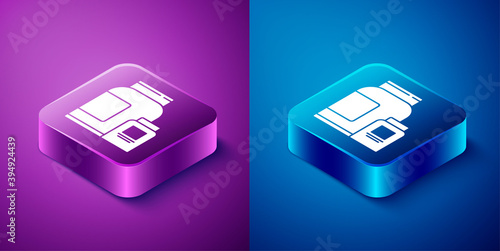 Isometric Sports nutrition bodybuilding proteine power drink and food icon isolated on blue and purple background. Square button. Vector.