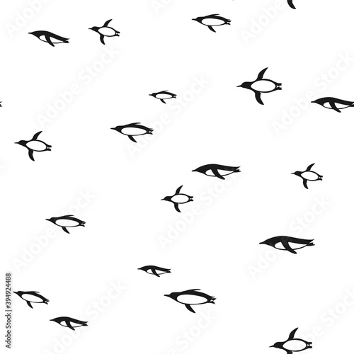 seamless pattern with swimmimg antarctic penguins. black ornament on white.