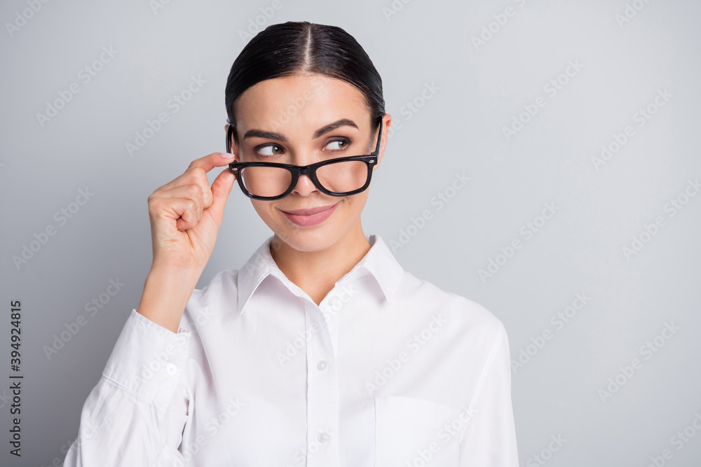 Photo of curious lady fingers hold specs look empty space wear white shirt isolated grey color background