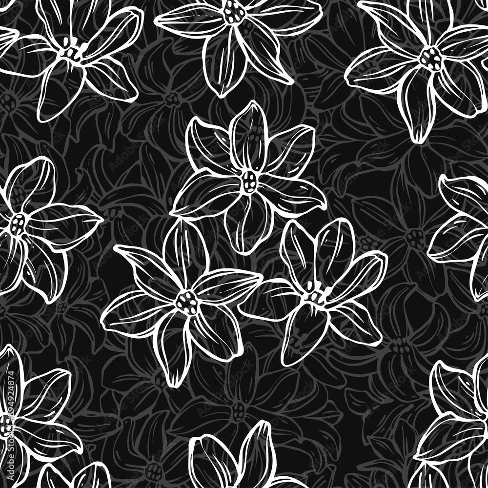 Seamless vector pattern with flowers on black. Floral abstract background. Perfect for design templates, wallpaper, wrapping, fabric and textile. Monochrome. Outline.