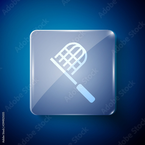 White Butterfly net icon isolated on blue background. Square glass panels. Vector.