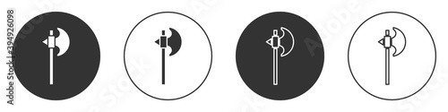 Black Medieval axe icon isolated on white background. Battle axe, executioner axe. Medieval weapon. Circle button. Vector.