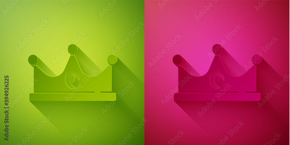 Paper cut King crown icon isolated on green and pink background. Paper art style. Vector. Paper cut King crown icon isolated on green and pink background. Paper art style. Vector.
