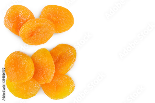 Dried apricots isolated on white background. Top view with copy space for your text. Flat lay