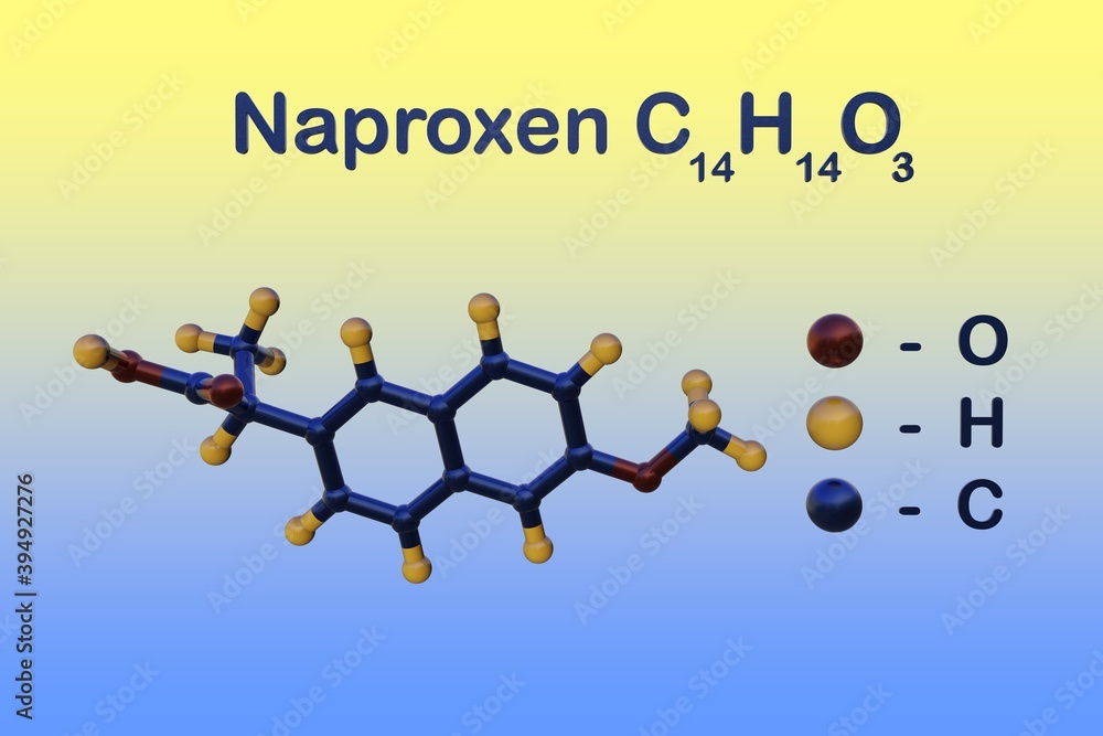 Structural chemical formula and molecular model of naproxen used to