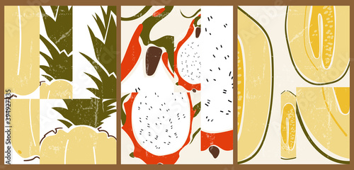 A set of three abstract backgrounds. Collage of fruits close-up. Bright vintage aged illustration with dragon fruit, melon, pineapple. Vegan posters for advertising grocery stores, social networks.