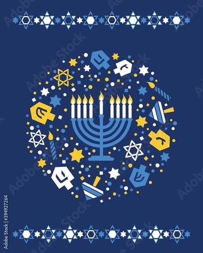 Hanukkah greeting card with menorah, dreidels, David stars, candles on blue background. Elegant bright vector design for Jewish holiday cards, backgrounds, banners, posters, flyers.