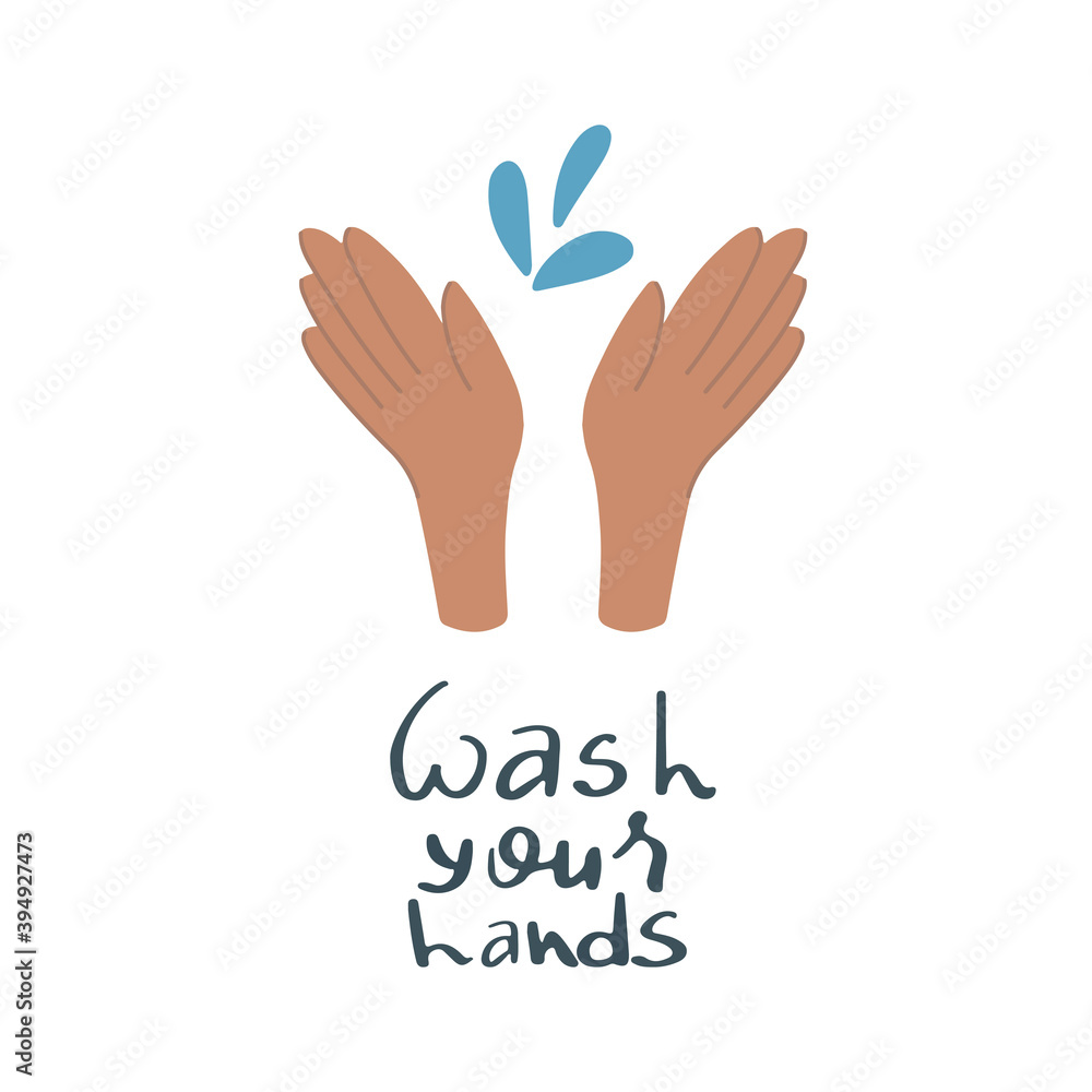 Obraz premium Vector illustration of a hand with the inscription Wash your hands in a cartoon hand-drawn style for printing. Pandemic protection concept. Isolated on white