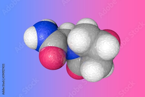 Molecular structure of oxiracetam. Atoms are represented as spheres with color coding: carbon (grey), nitrogen (blue), oxygen (red), hydrogen (white). Scientific background. 3d illustration photo