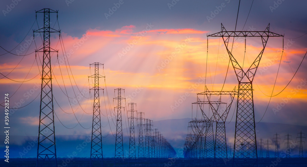 High voltage power lines with amazing sunset
