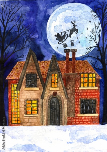 watercolor illustration of a new year's country house in the forest with large lighted Windows with Santa Claus in sleigh with deer,flying on background of moon in night forest. christmas card